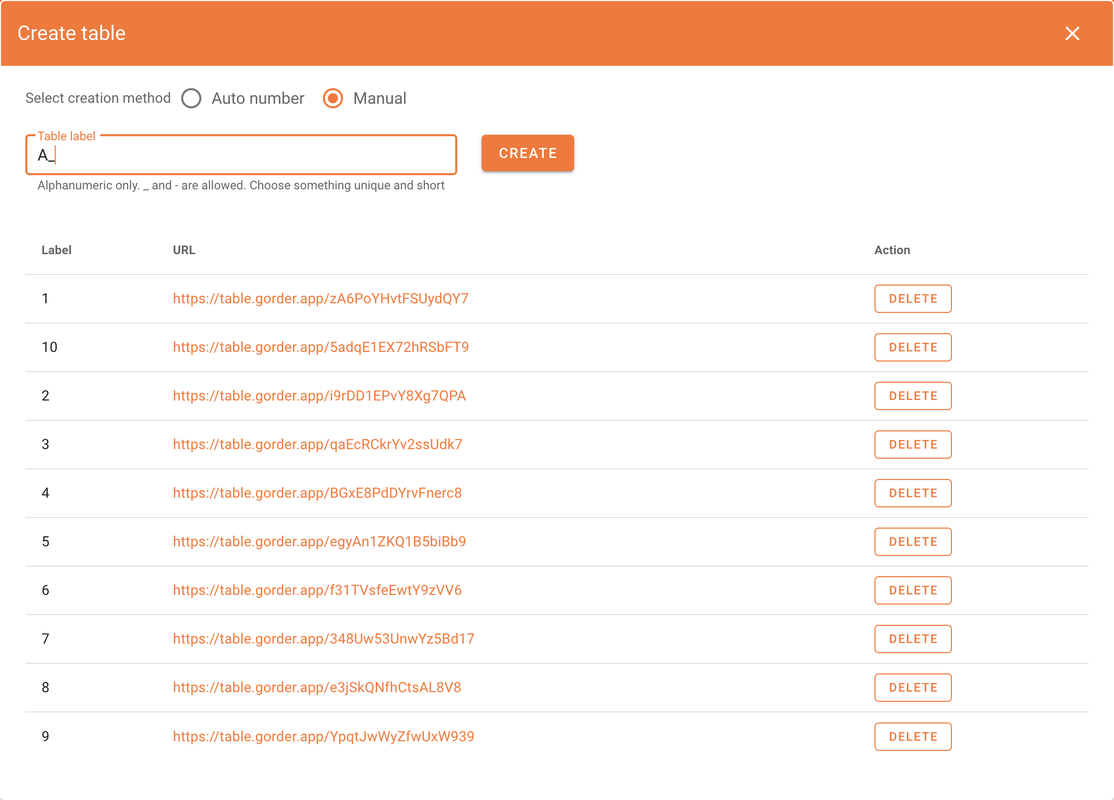 Enter your table number name and click create