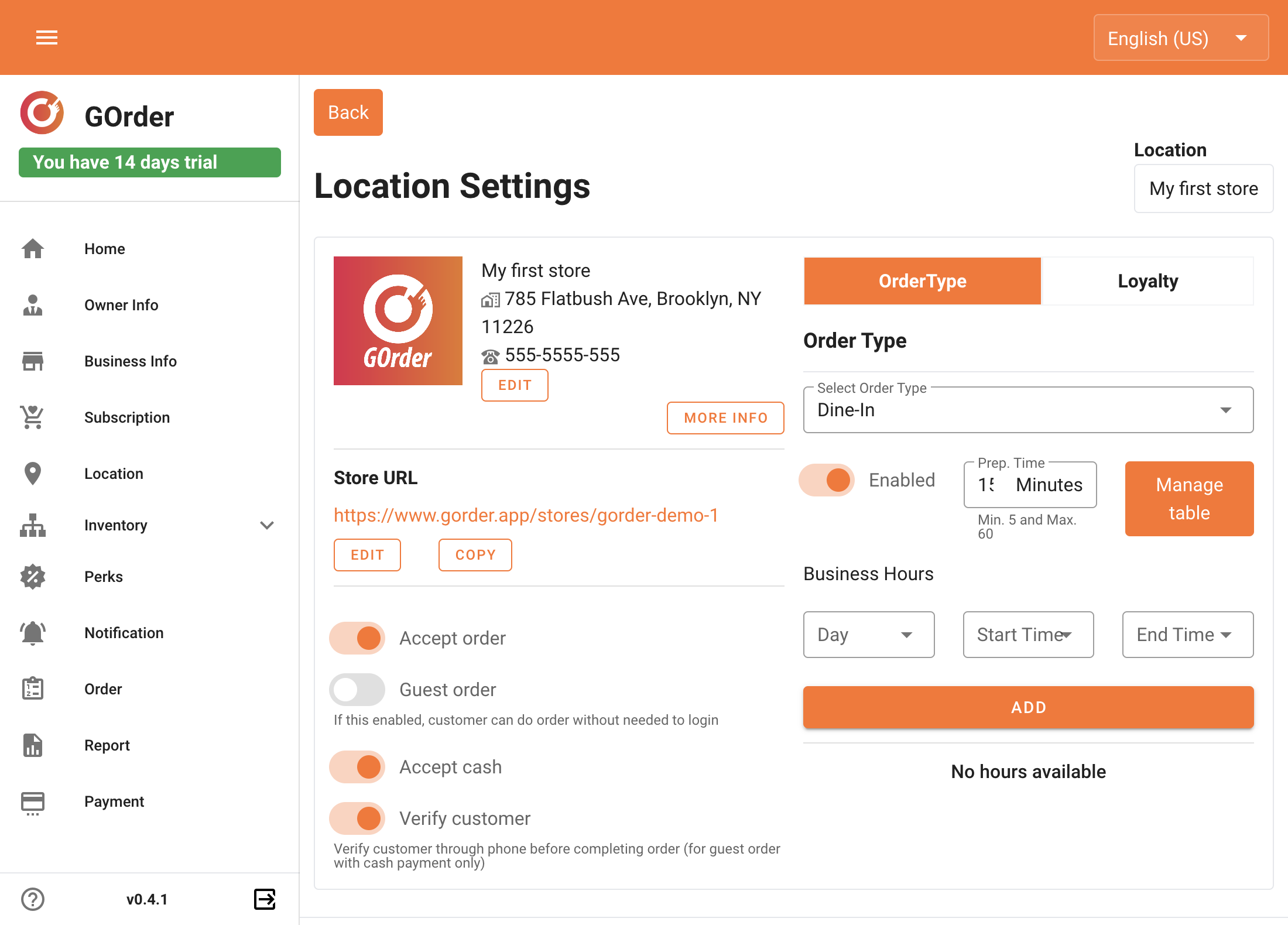 Next is create a table with QR code. Click the manage table