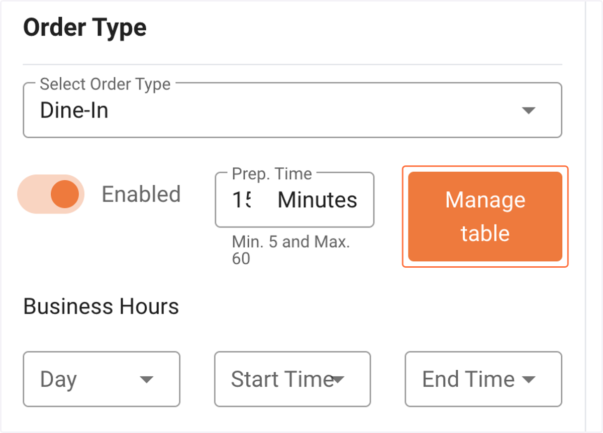 Next is create a table with QR code. Click the manage table