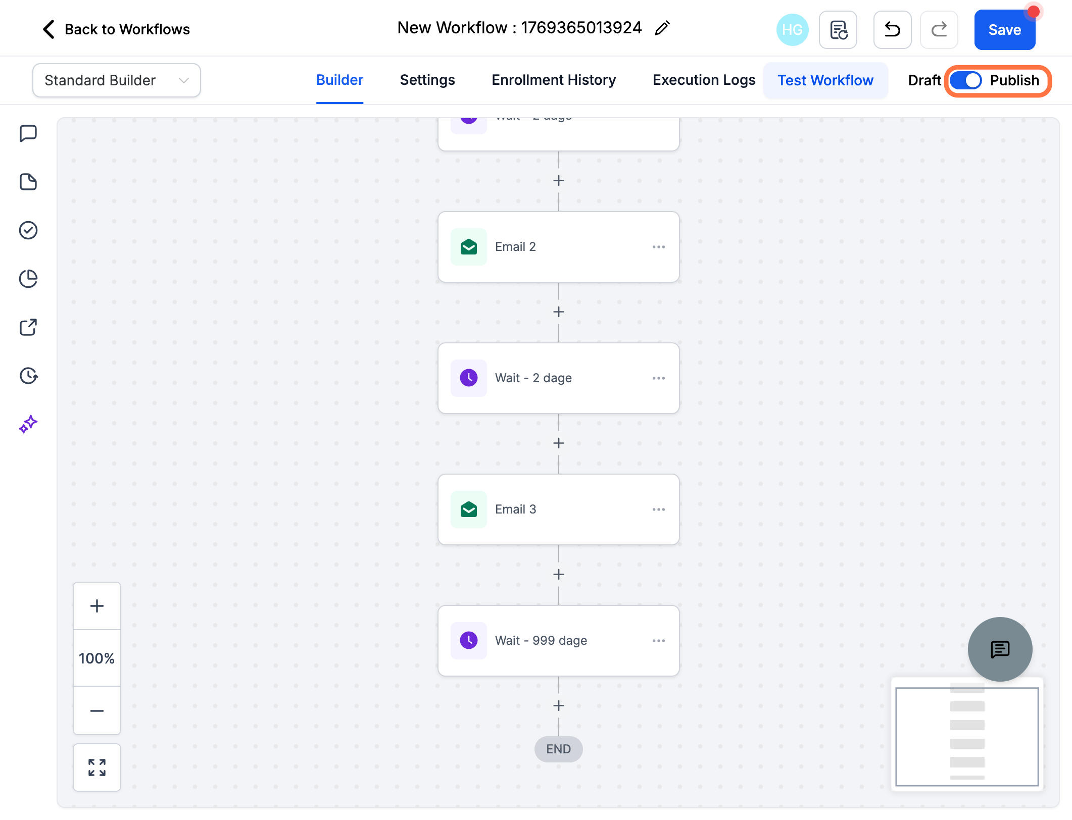Sæt workflowet live - Klik Publish og Save