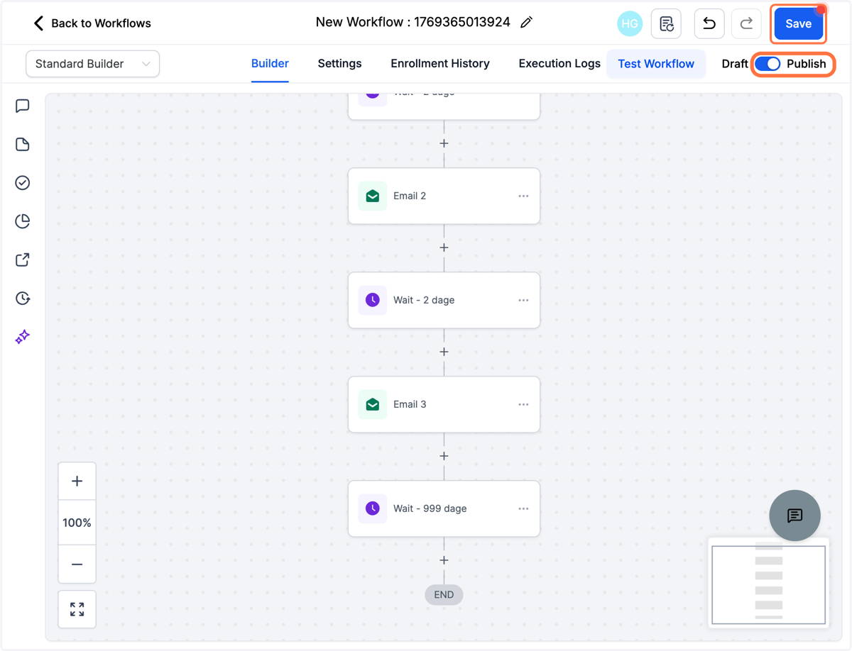 Sæt workflowet live - Klik Publish og Save