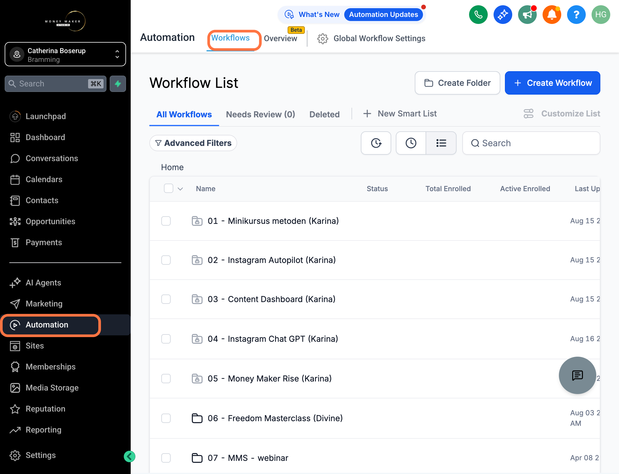 Klik på Automation - Workflows Hvis du ikke har en specifik mappe i forvejen - Klik på "Create Folder