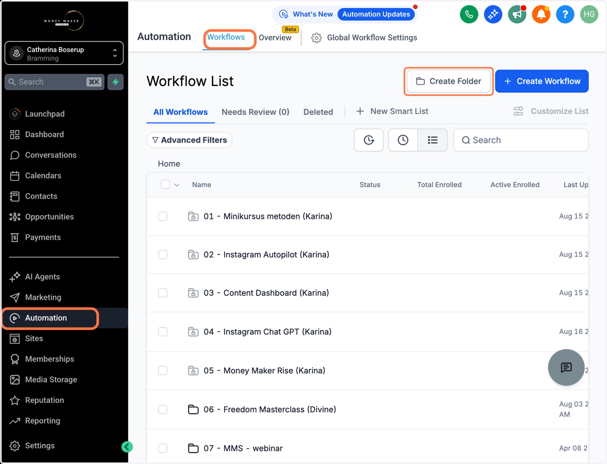 Klik på Automation - Workflows Hvis du ikke har en specifik mappe i forvejen - Klik på "Create Folder