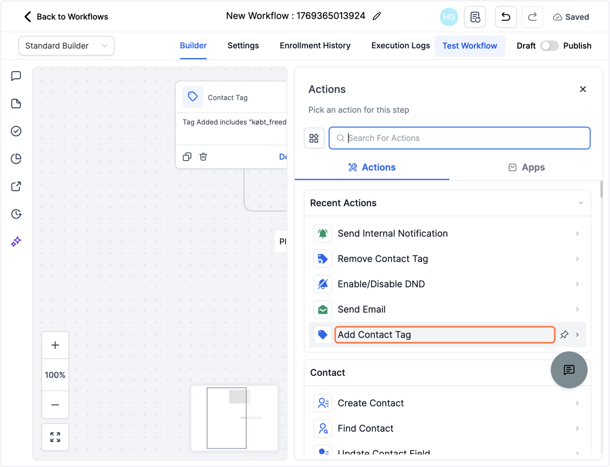 Klik på "Add Contact Tag" hvis du ønsker at tildele et specifikt tag for dette workflow fx freebie-guide