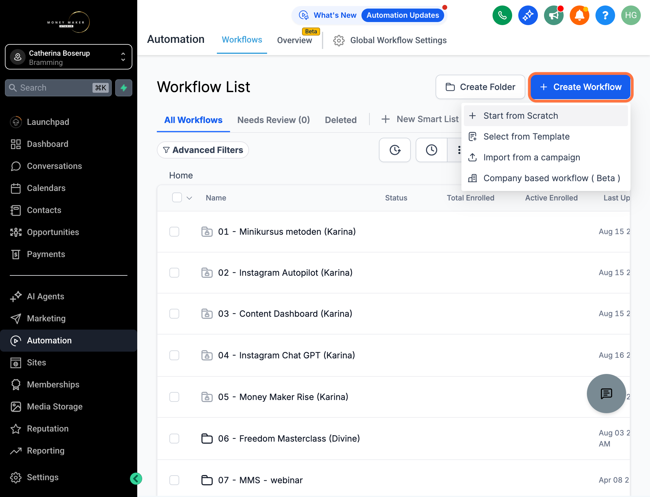 Gå ind i din mappe, klik på "Create Workflow" og vælg "Start from Scratch"
