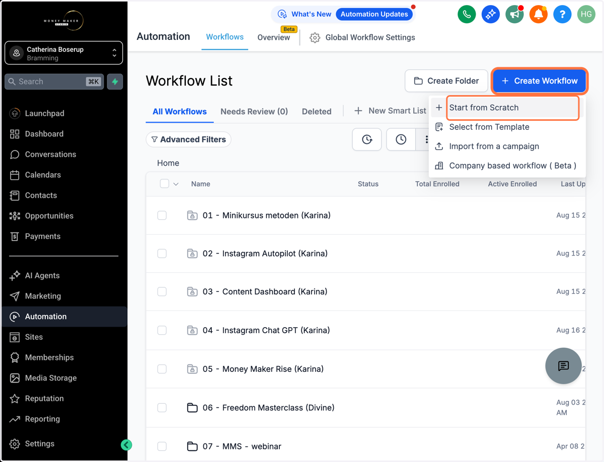 Gå ind i din mappe, klik på "Create Workflow" og vælg "Start from Scratch"