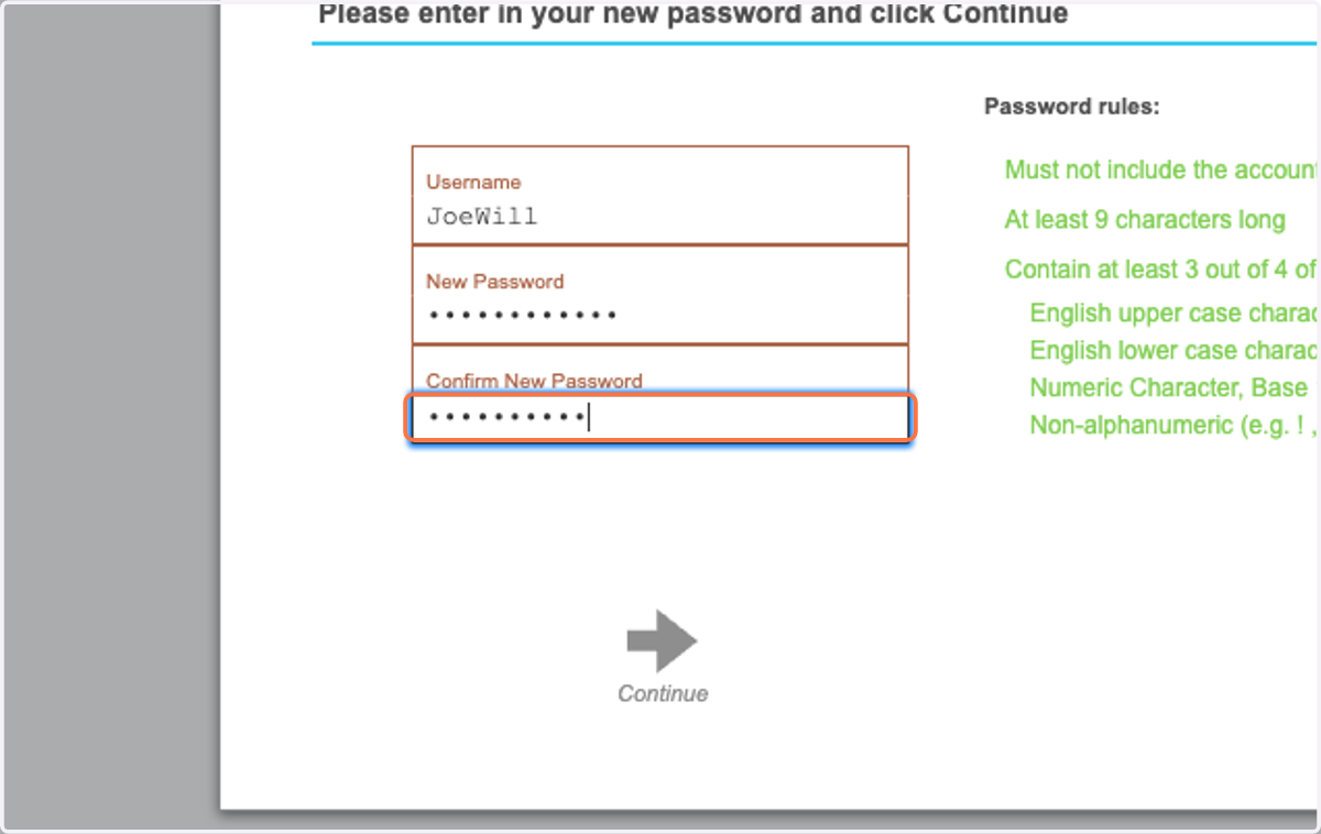 Confirm the new password by typing it again