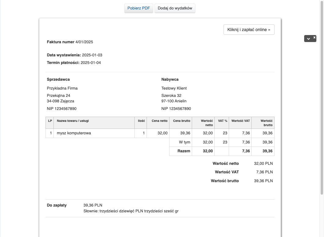 Tak stworzoną fakturę, Twój klient może pobrać w PDF.