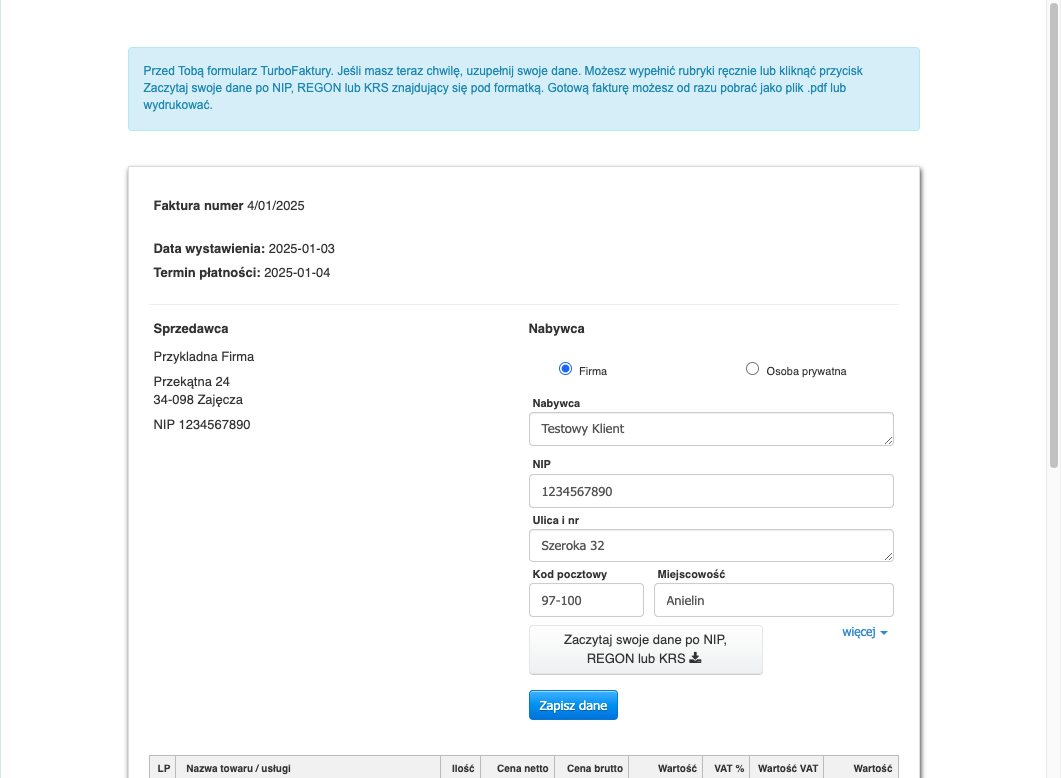 Po przejściu pod wskazany link, Klientowi otworzy się faktura z prośbą o ręczne wprowadzenie danych lub zaczytanie ich po NIP, REGON lub KRS.