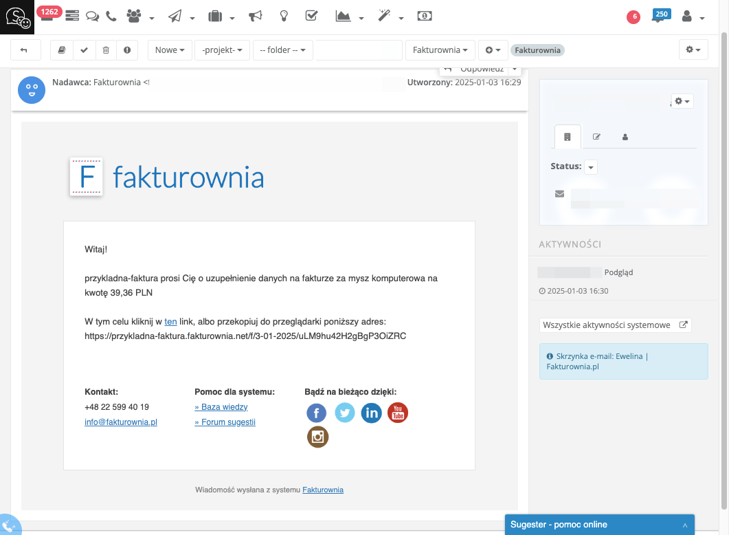 W skrzynce e-mailowej Twojego klienta natychmiast znajdzie się wiadomość z prośbą o uzupełnienie danych na fakturze.