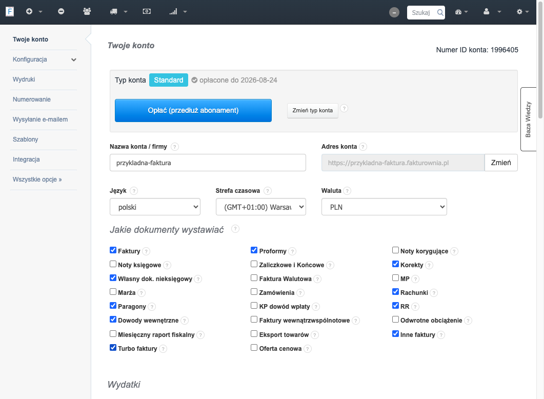 Na stronie Twoje konto, którą wyświetli system, znajdź sekcję 'Jakie dokumenty wystawiać' i zaznacz checkbox przy opcji 'Turbo faktury'.