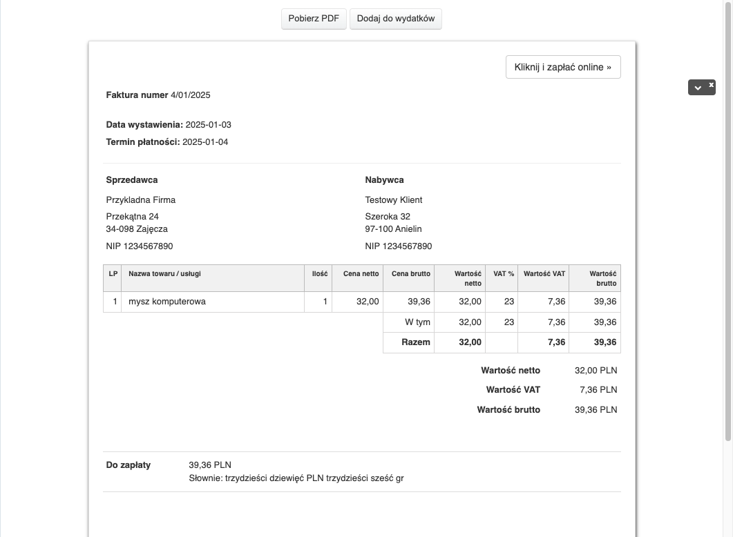 Po uzupełnieniu danych Nabywcy, Twój klient będzie widział fakturę z kompletem danych.