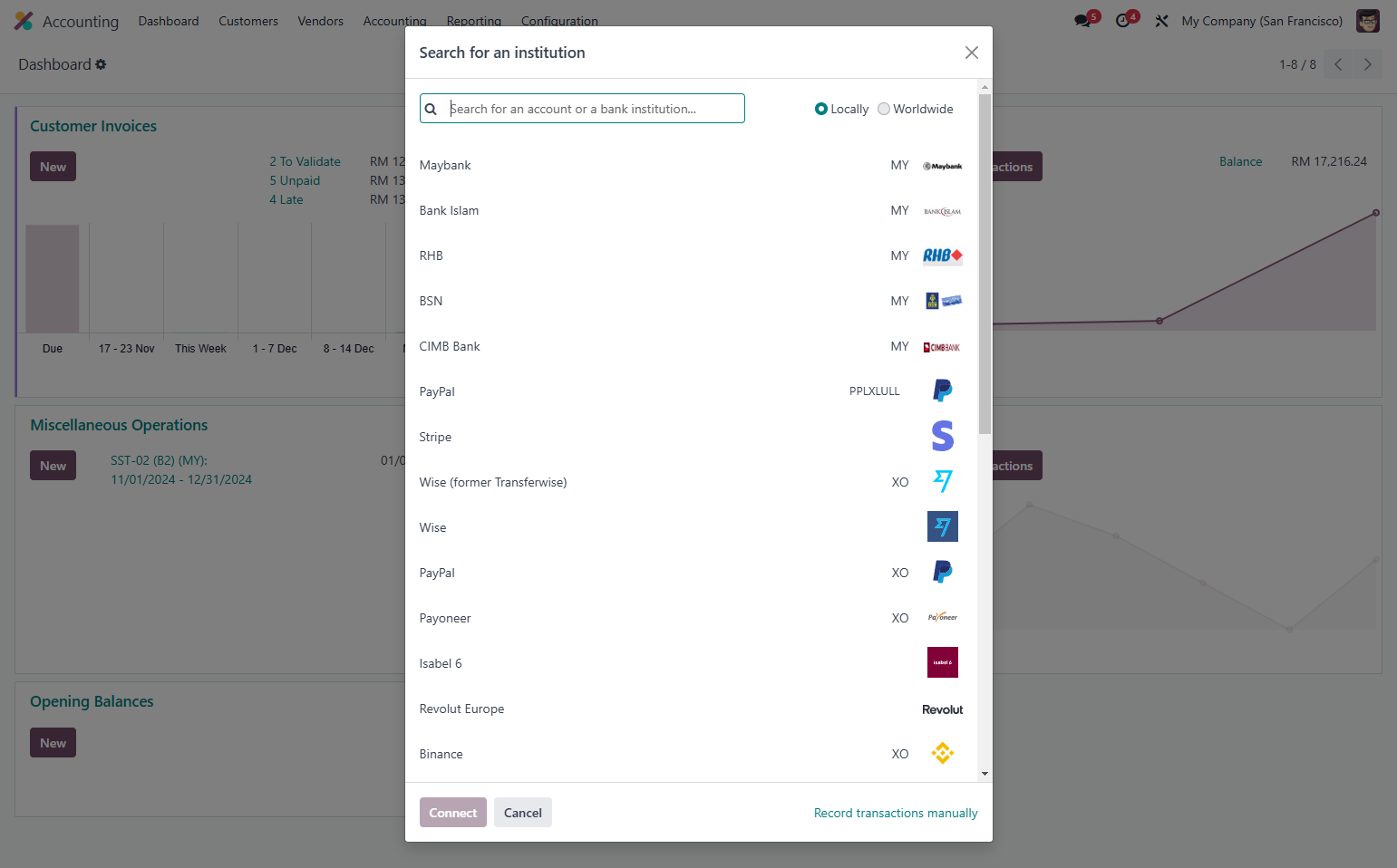 List of bank institution available for bank synchronization on Odoo