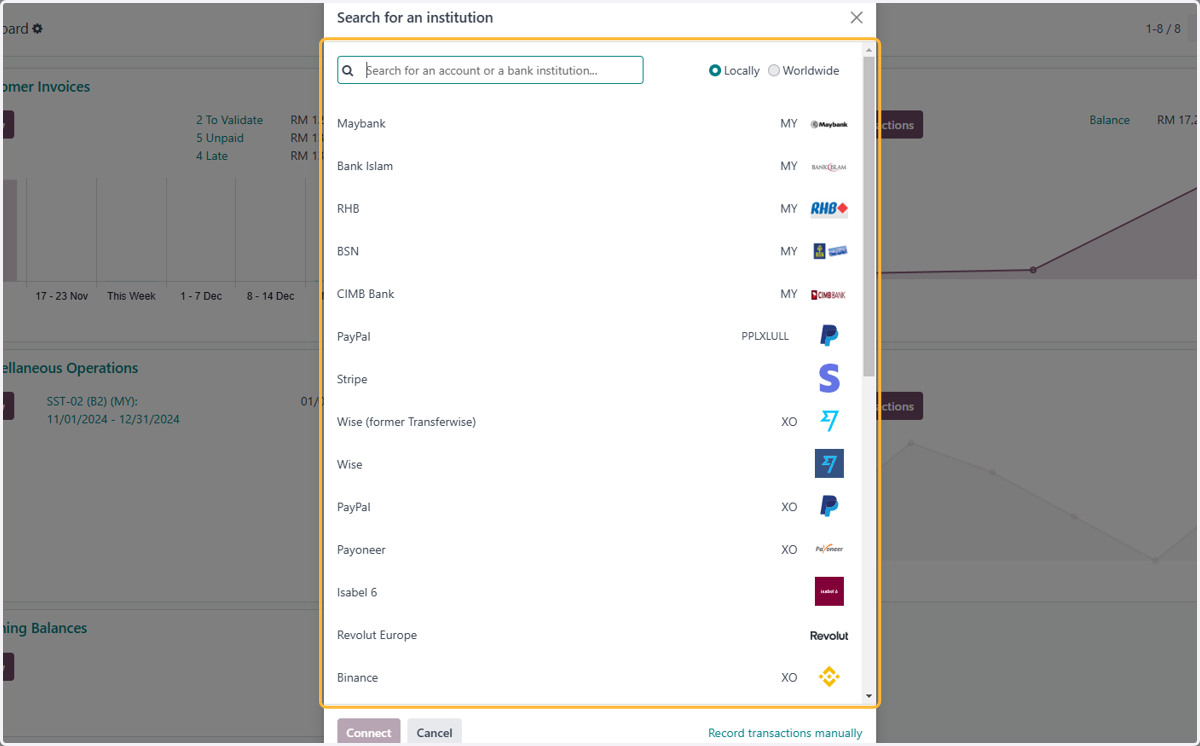 List of bank institution available for bank synchronization on Odoo