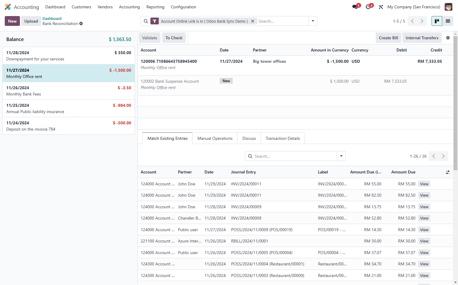 Updated transactions will appear ready for reconciliation.