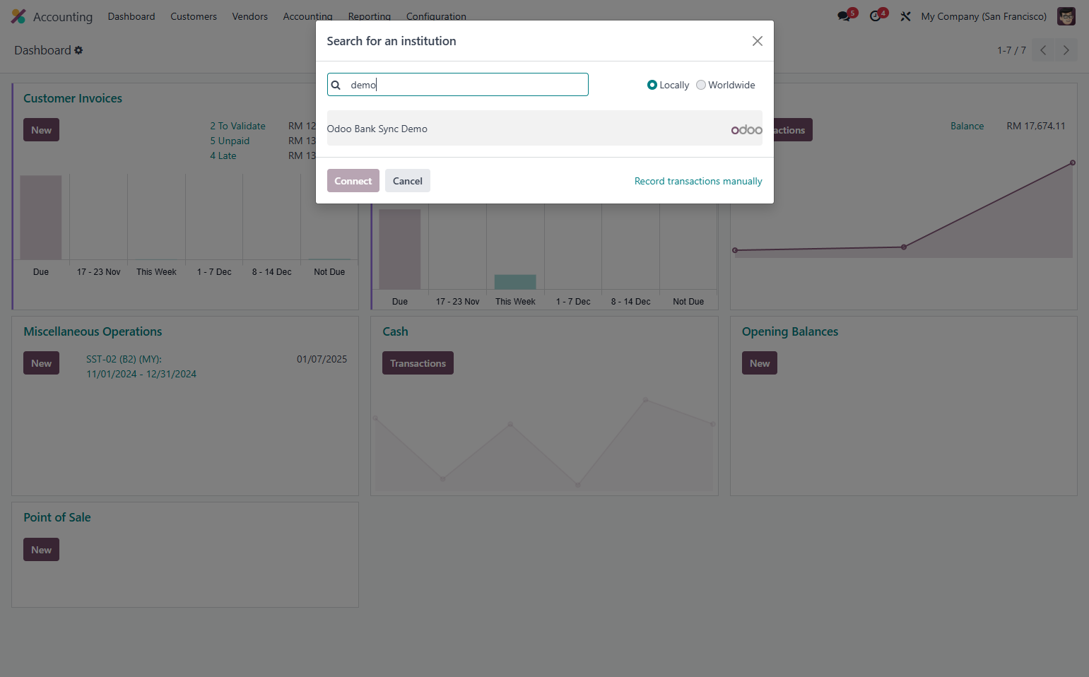 Search relevant institution. For example, Odoo Bank Sync Demo will be used