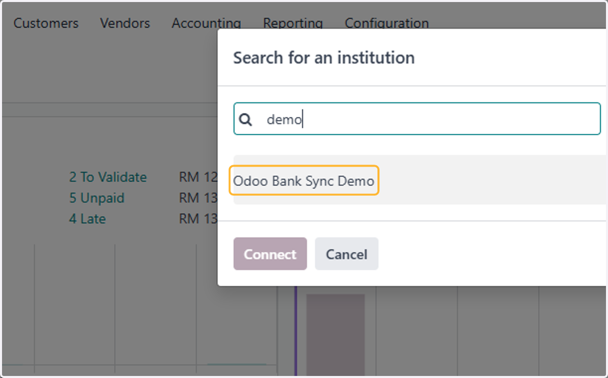Search relevant institution. For example, Odoo Bank Sync Demo will be used