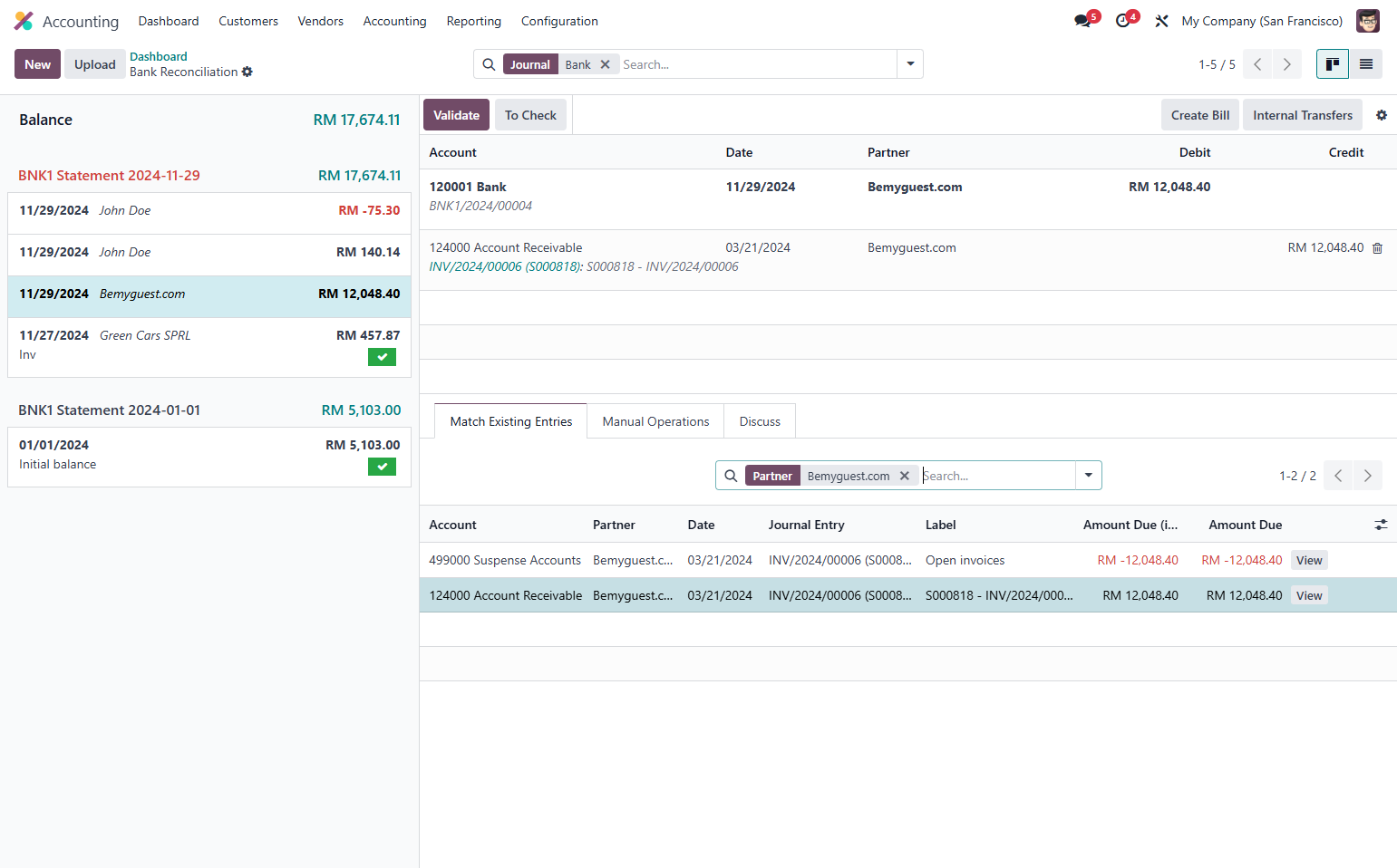 If all details in the file are matched, Odoo will automatically suggest the invoice to be reconciled