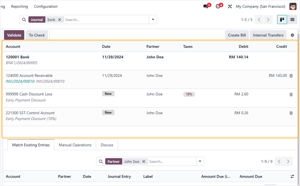 The cash discount was automatically calculated based on the invoice shown in Cash Discount Tutorial.