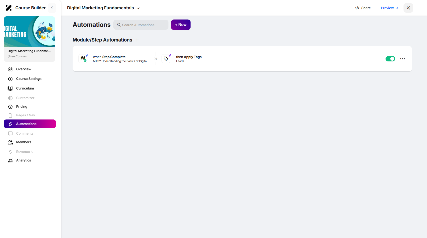 Step 9: To create a new automation, click the + New button next to the search bar to proceed.