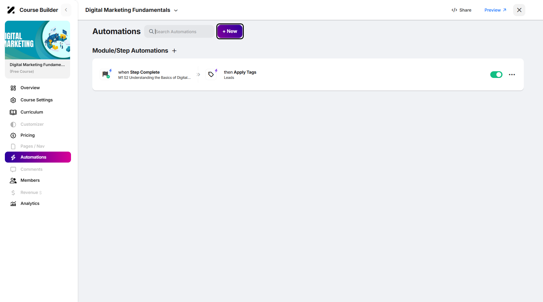 Step 9: To create a new automation, click the + New button next to the search bar to proceed.