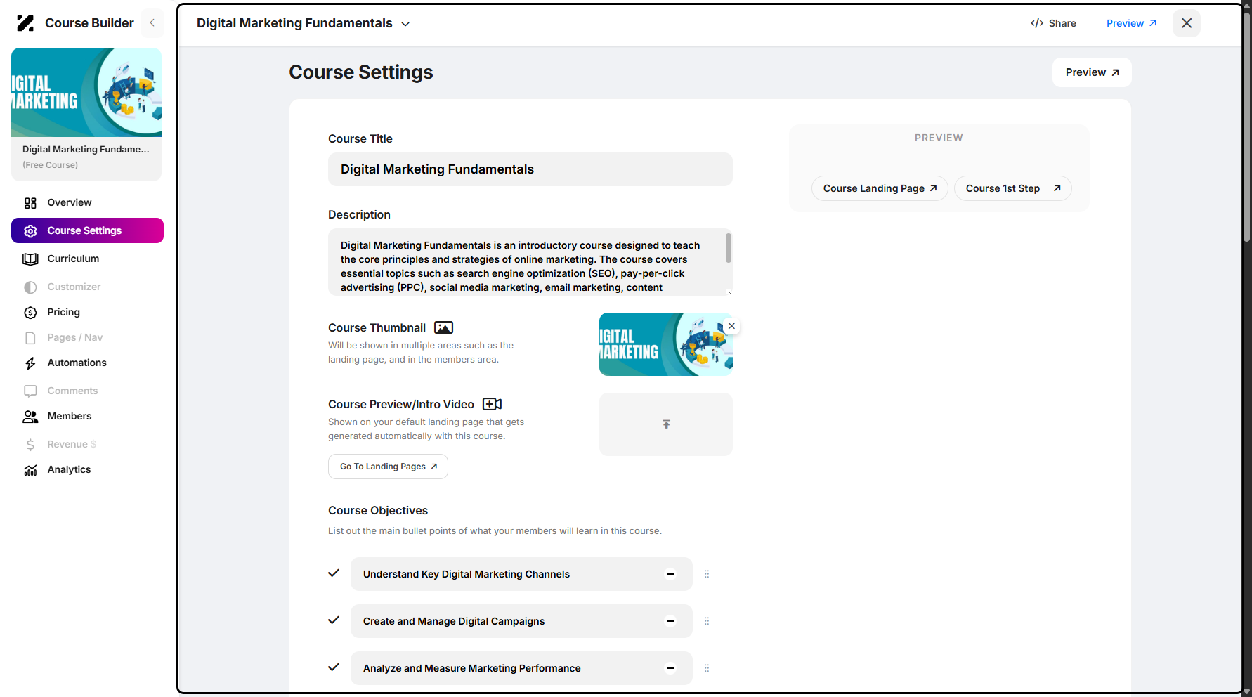 Step 5: You will then be taken to the Course Settings page.