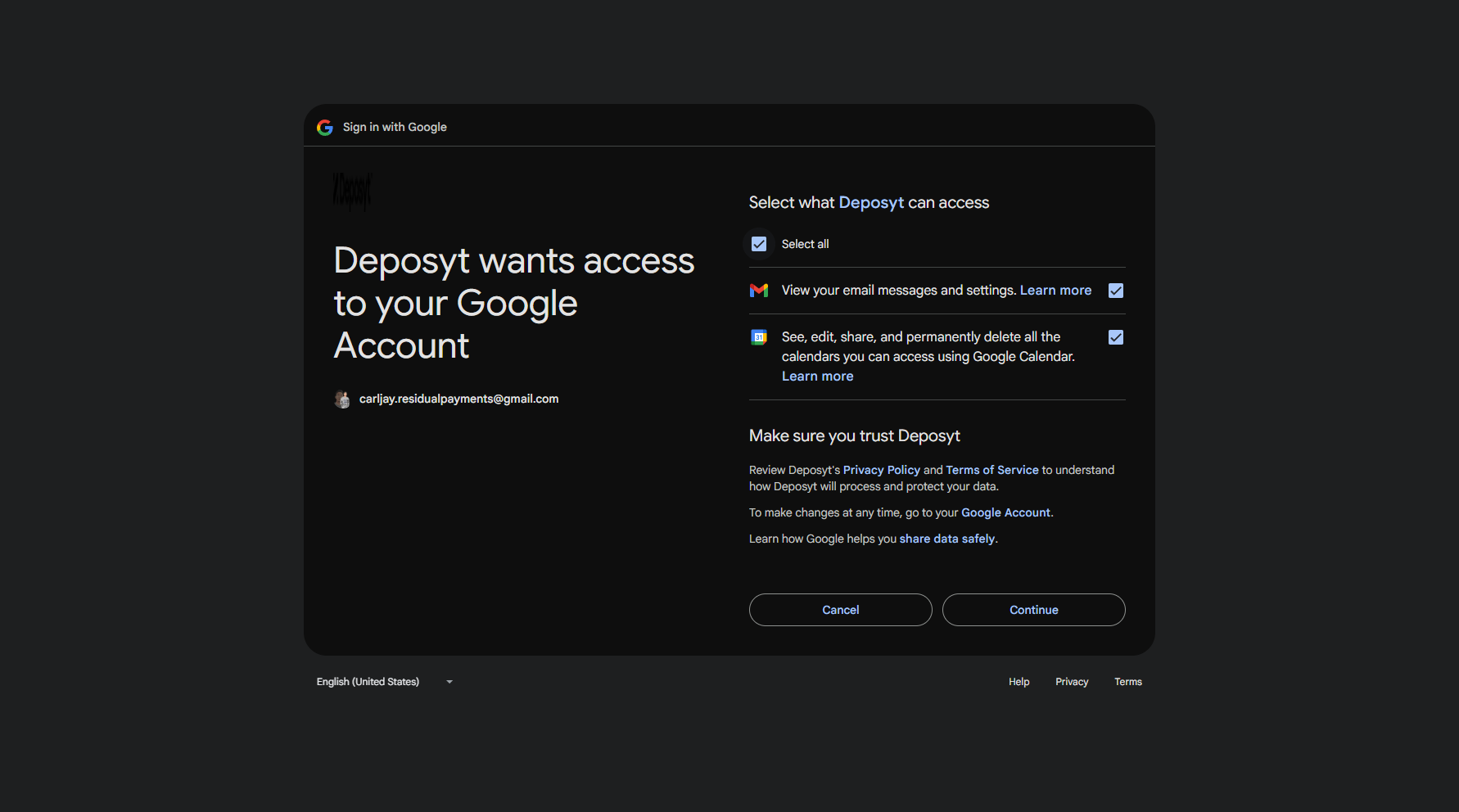 Step 7: Next, you can select what Deposyt can access. You can choose from the available options or click Select All.