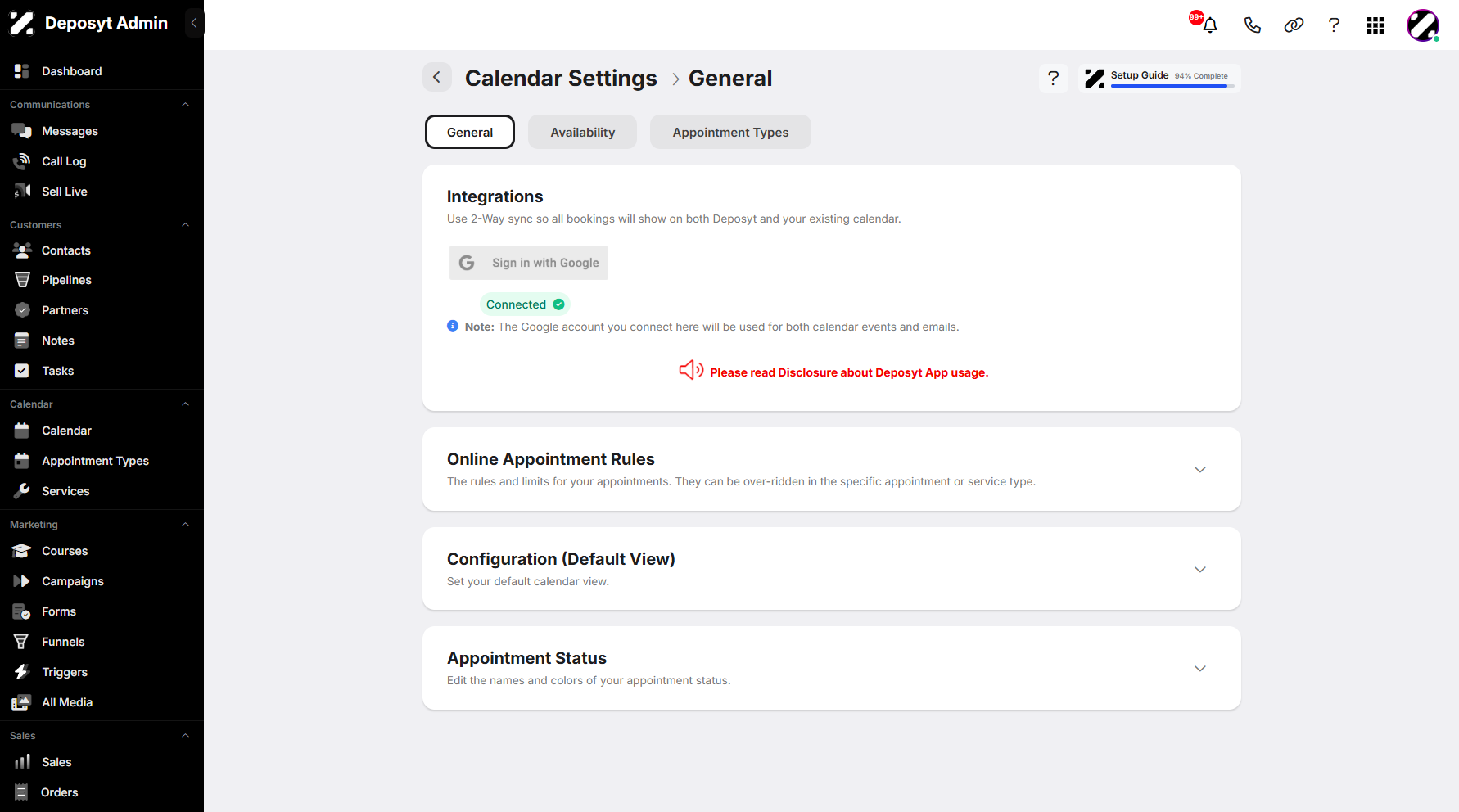 Step 9: You can now see your selected Google account connected to the CRM.