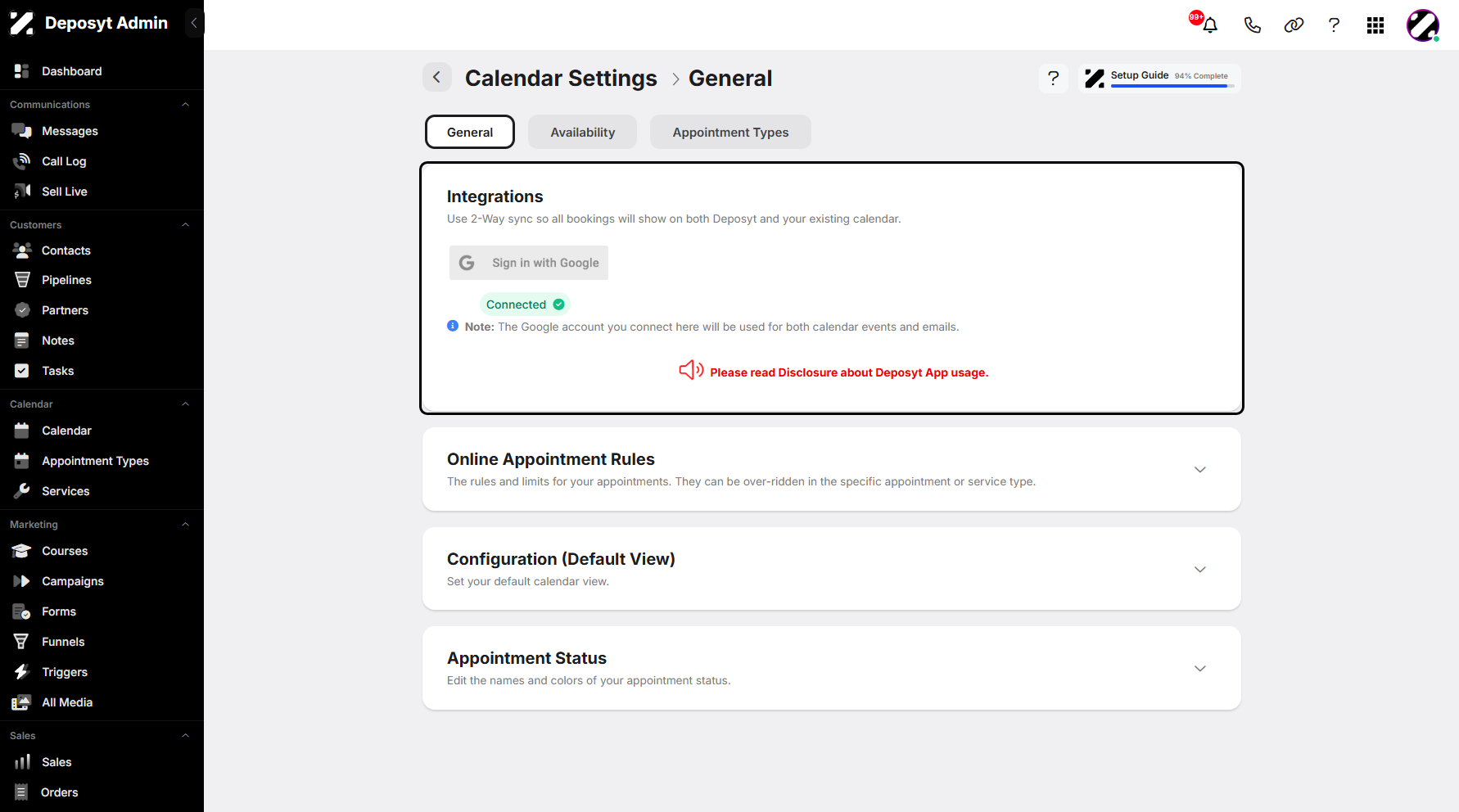 Step 9: You can now see your selected Google account connected to the CRM.