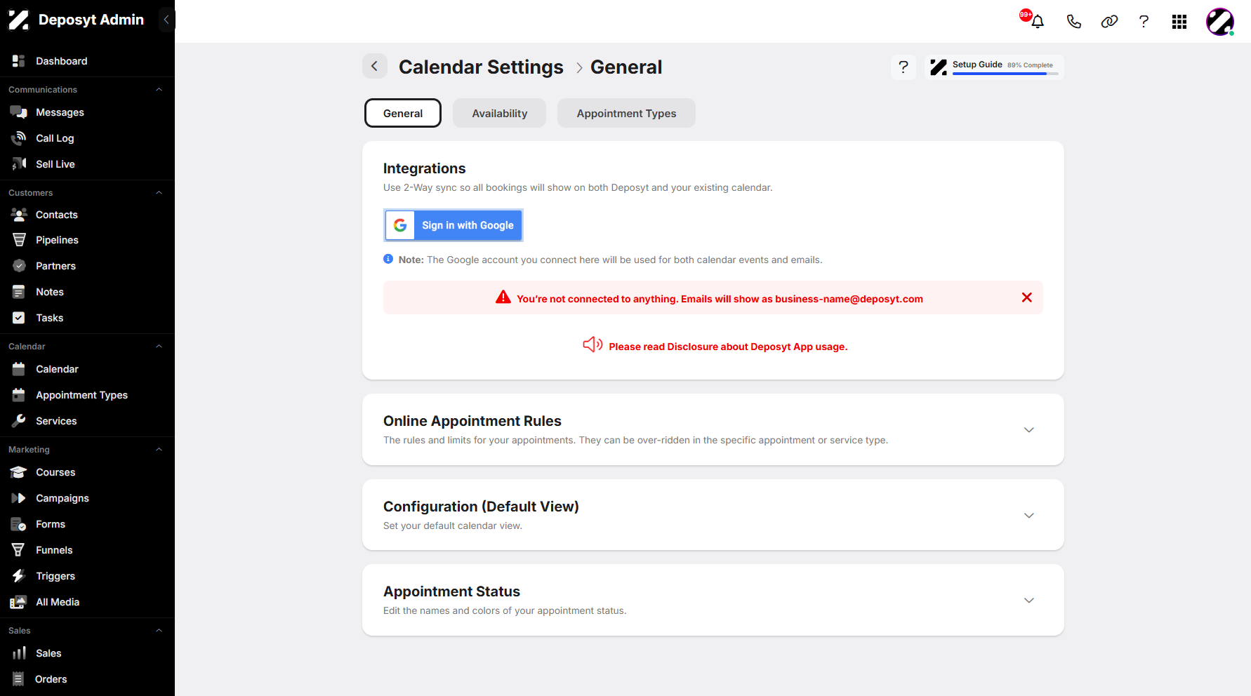 Step 4: You will be taken to the Calendar Settings. To proceed, click the Sign in with Google button.