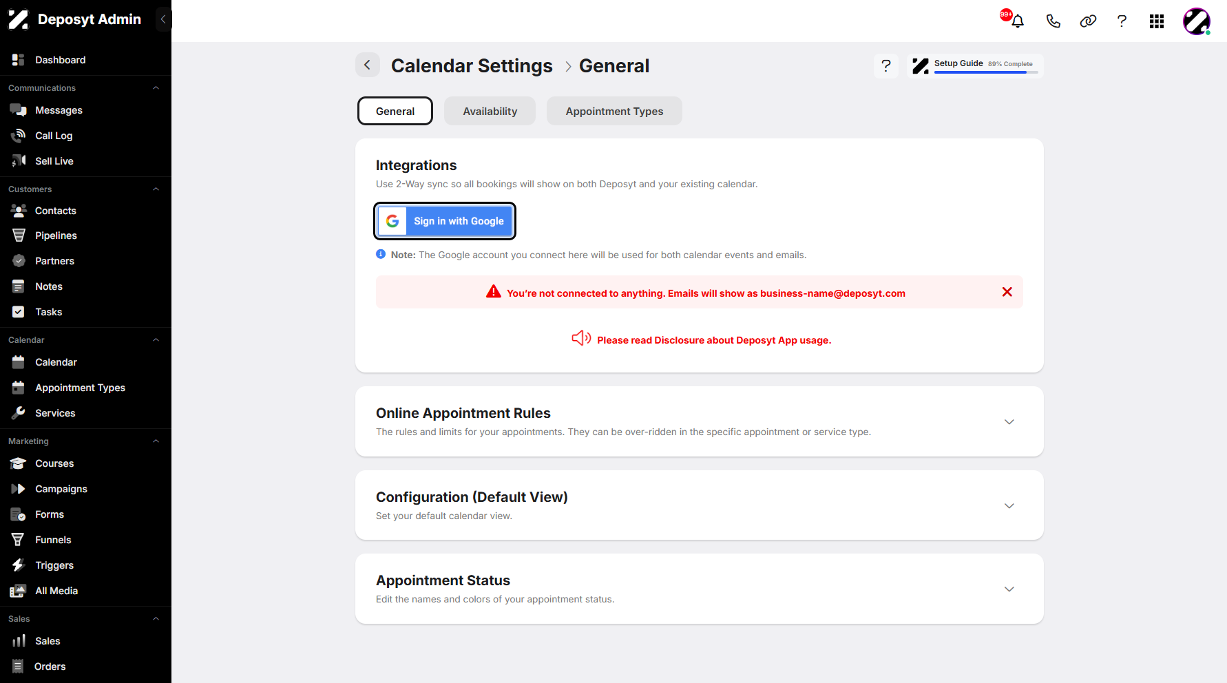 Step 4: You will be taken to the Calendar Settings. To proceed, click the Sign in with Google button.