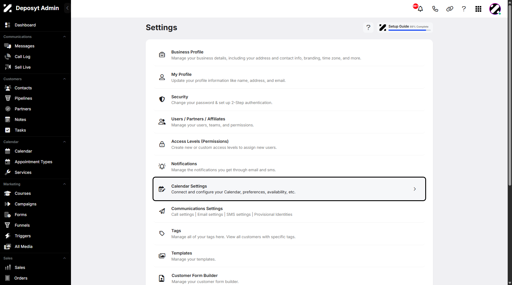 Step 3: You will then be navigated to the Settings page. Click on Calendar Settings to continue.