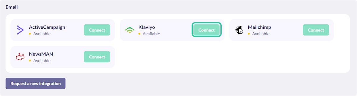In Aqurate, under integrations, find the Klaviyo integration and click on Connect