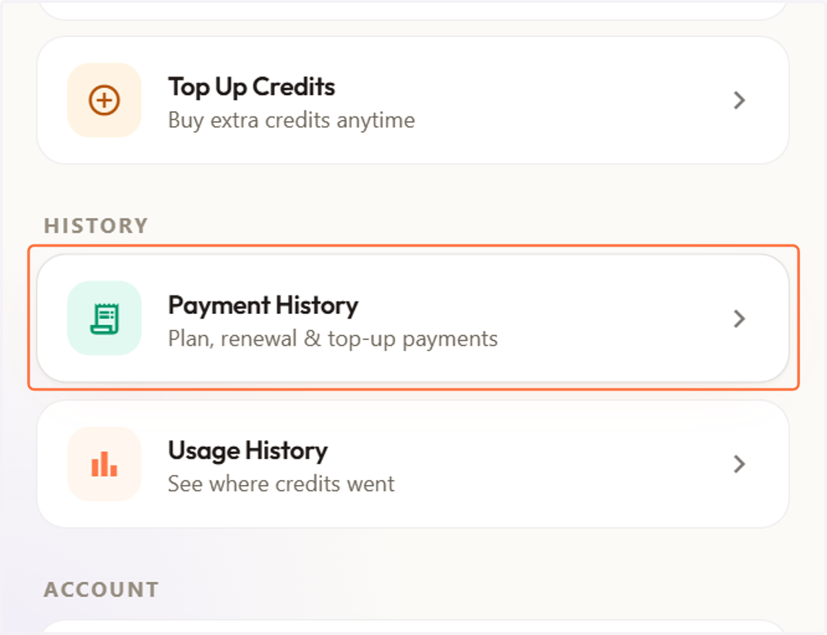 You see your payment History in "Payment History"