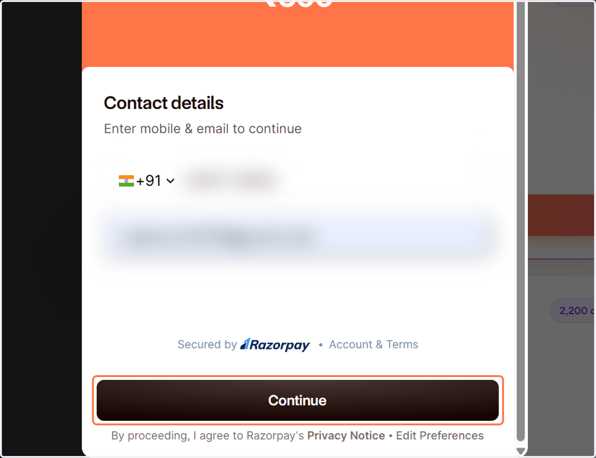 After entering your mobile number and email address, click "Continue" to proceed with the payment.