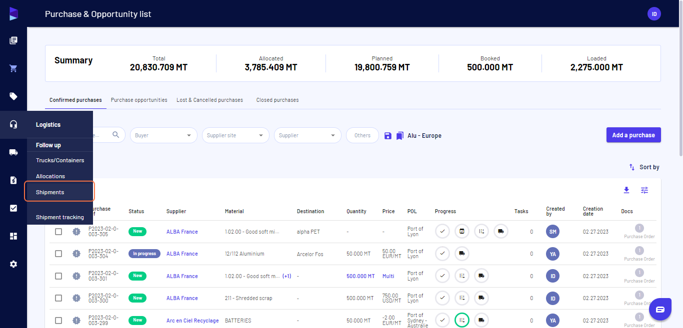 Go to the "Logistics" menu and click on "Shipments"