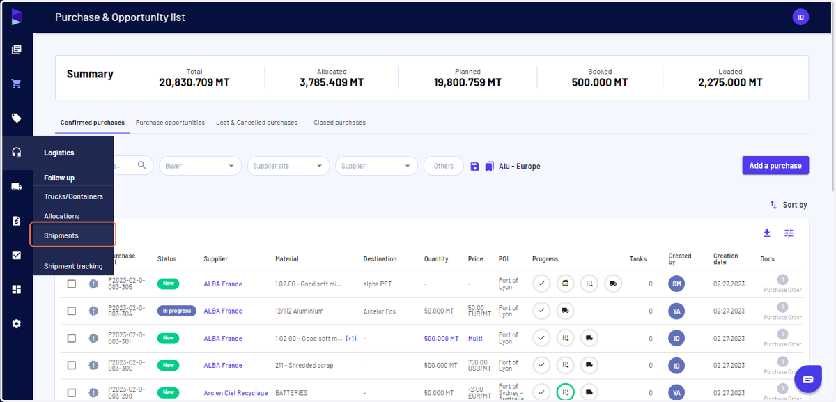 Go to the "Logistics" menu and click on "Shipments"