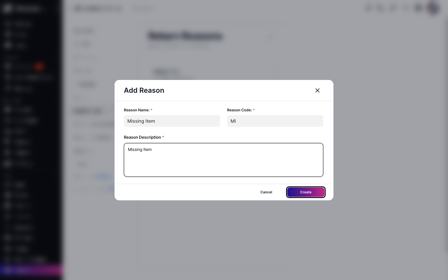 Step 9: Click the Create button to finish adding the return reason.