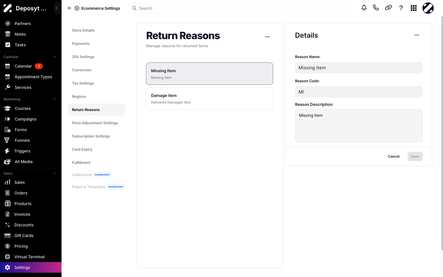 Step 5: To edit a reason, click on the item. A new panel will appear on the right side, where you can change the reason’s name, code, and description.