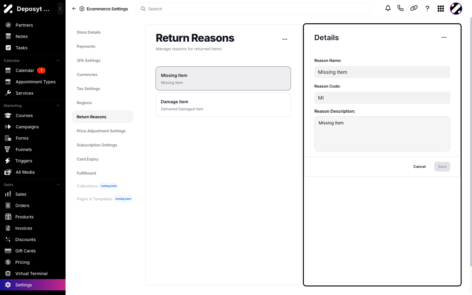 Step 5: To edit a reason, click on the item. A new panel will appear on the right side, where you can change the reason’s name, code, and description.