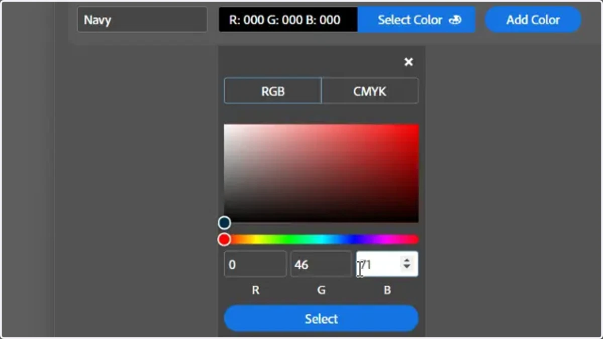 Enter or select colour data