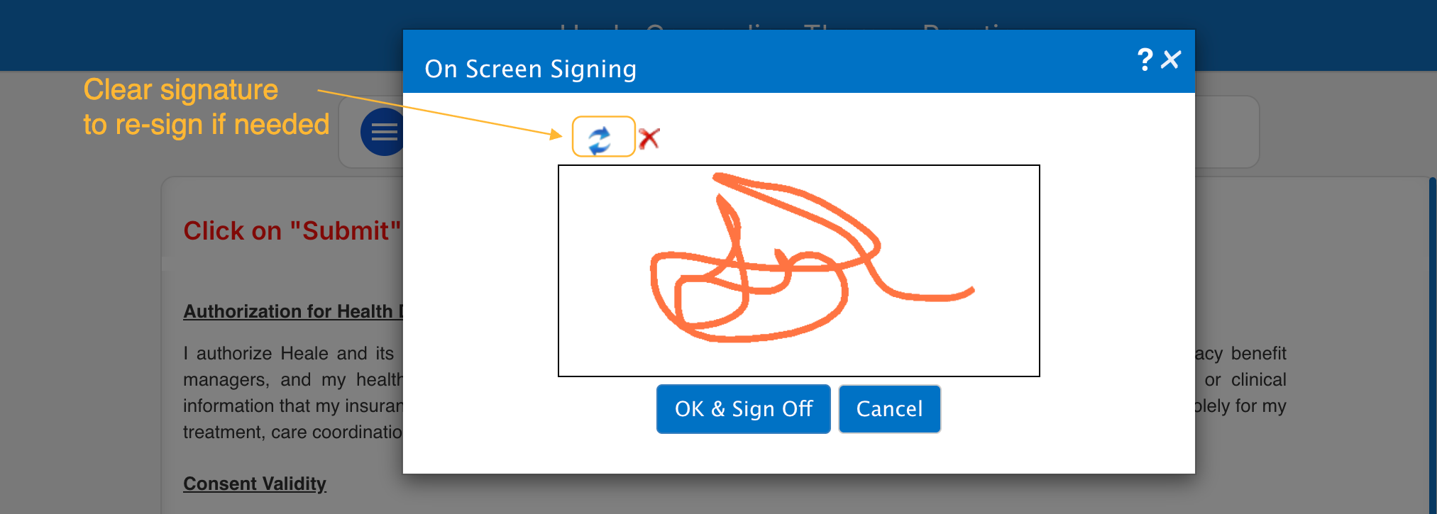 Use your finger or mouse to draw signature.