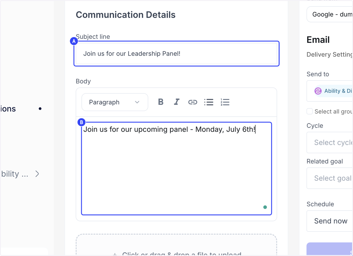 A. Type Subject line B. Type in text field