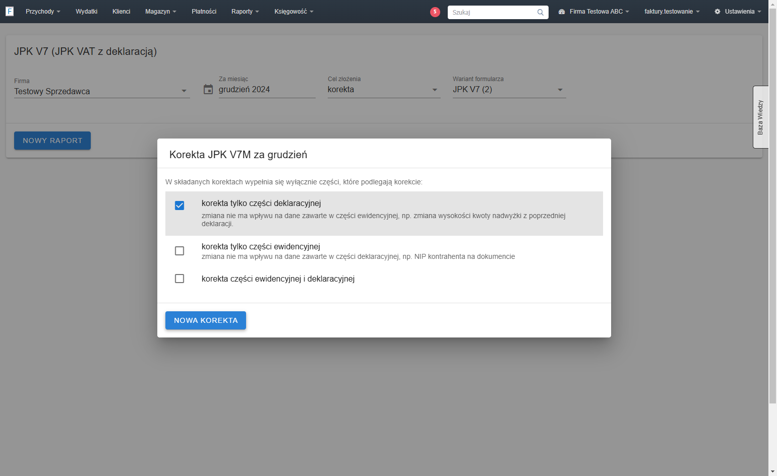 Zaznacz checkbox przy tej opcji korekty, którą chcesz utworzyć (od tego wyboru zależne będzie, którą część raportu system wyświetli), a następnie zatwierdź jego wygenerowanie klikając przycisk 'NOWA KOREKTA'.
