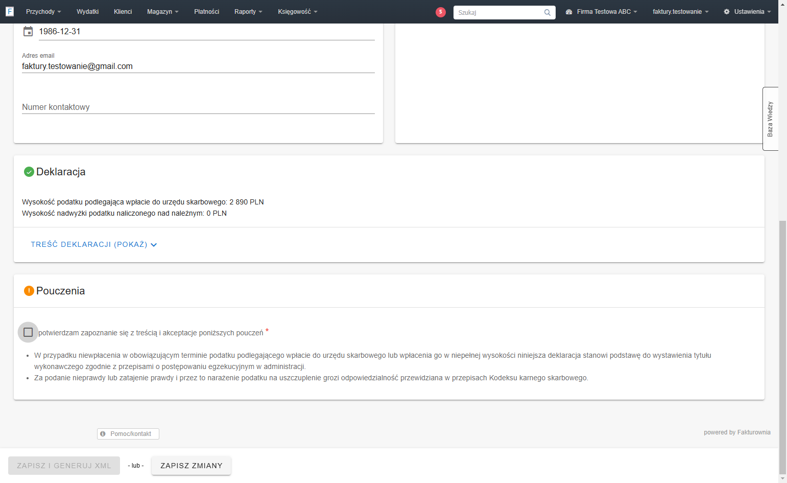 Jeśli wprowadzisz już wymagane korekty, zaznacz checkbox przy pouczeniu, by system mógł prawidłowo wygenerować raport.