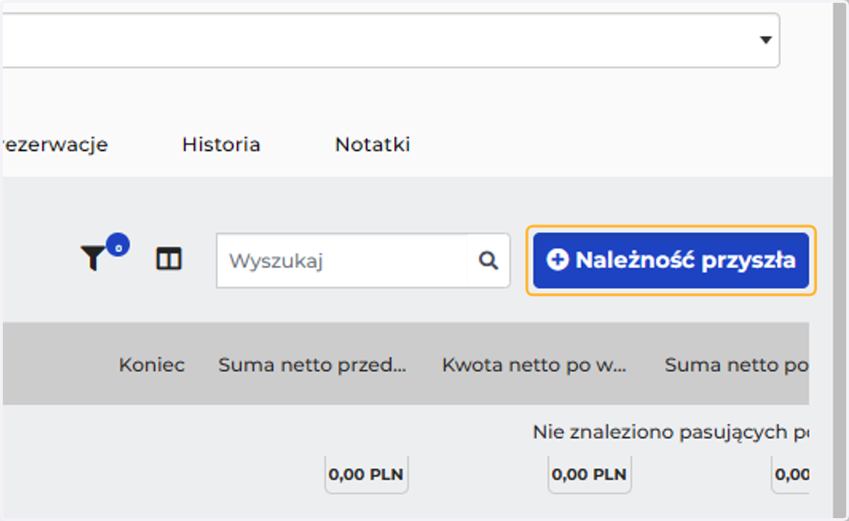 Kliknij dodaj należność
