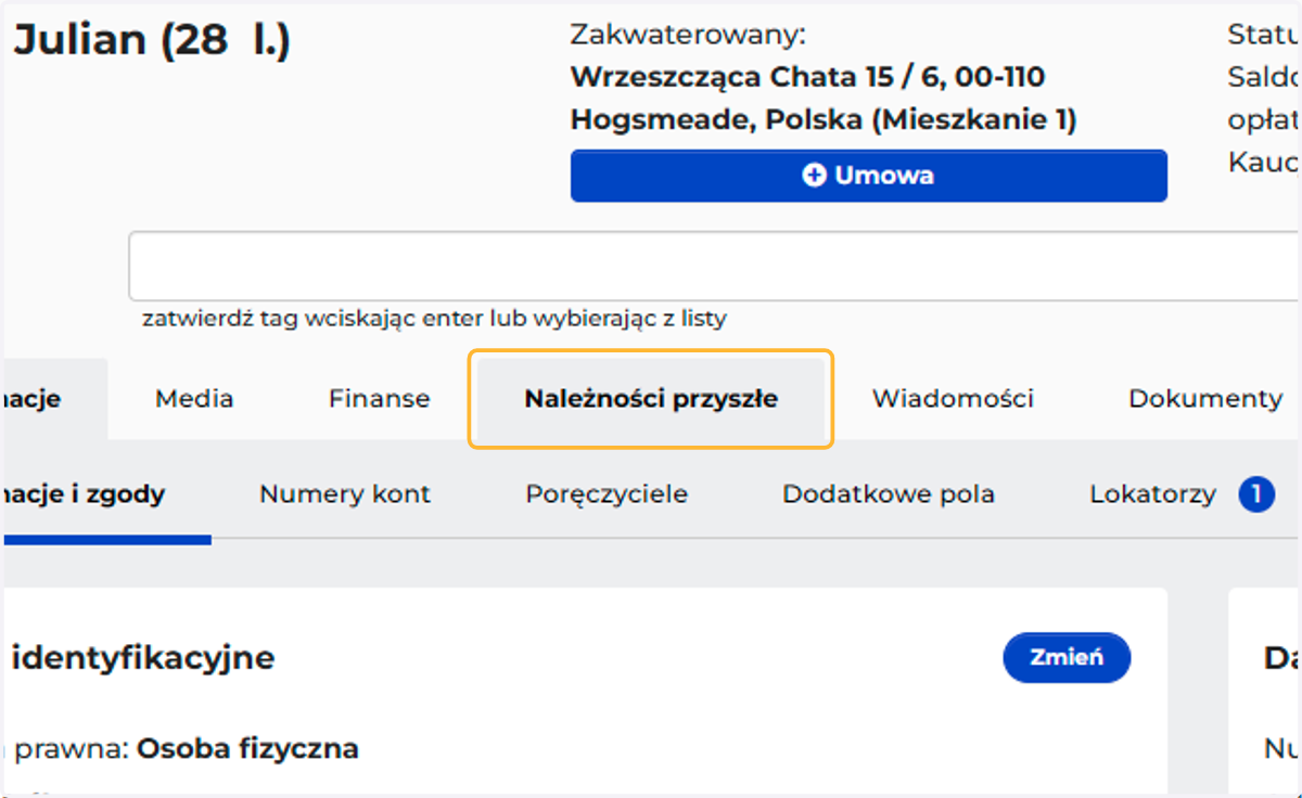 Wybierz zakładkę Należności przyszłe
