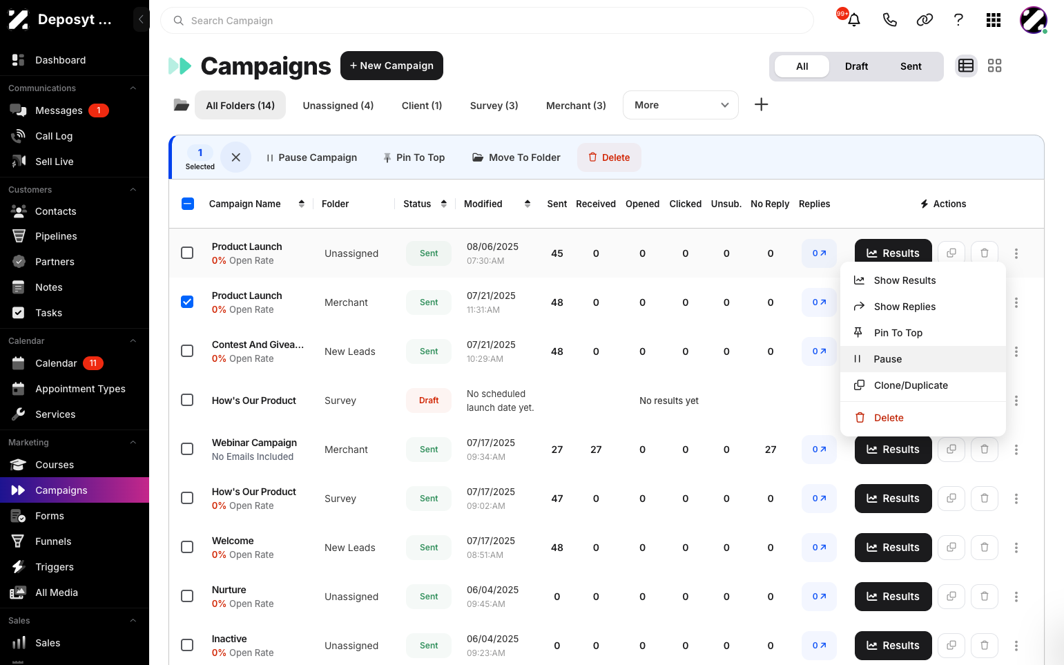 Step 4: The second way is to click the three-dot menu on the campaign, then click Pause.