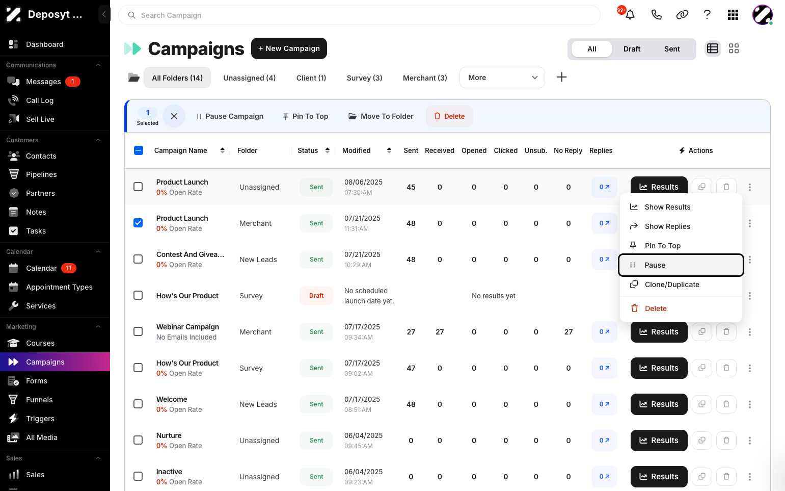 Step 4: The second way is to click the three-dot menu on the campaign, then click Pause.