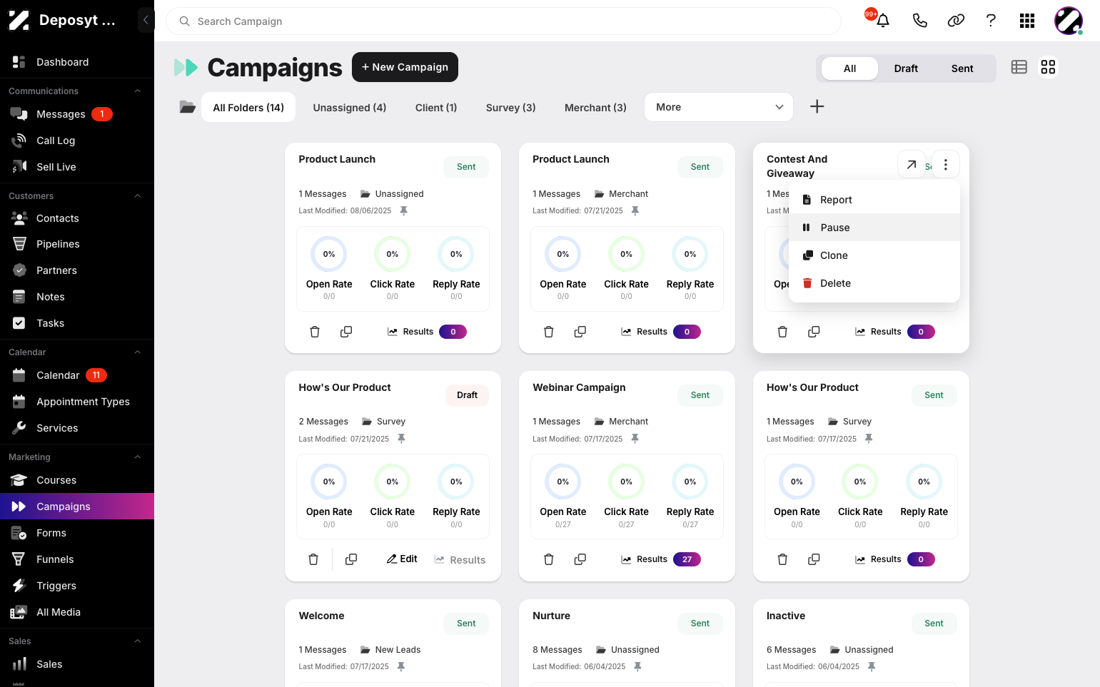 Step 7: Click the three-dot menu on the campaign, then click Pause.
